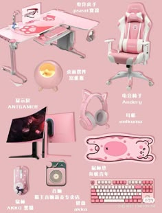 the pink desk has many different items on it