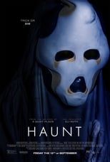 a movie poster for the film haunt with a person wearing a mask and gloves