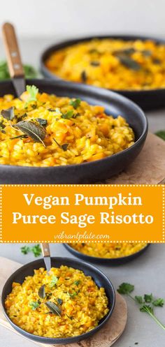 vegan pumpkin puree sage risotto in two pans