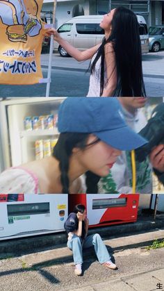 a woman sitting on the ground next to a vending machine