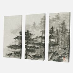 three canvases with trees and mountains in the background, one is black and white