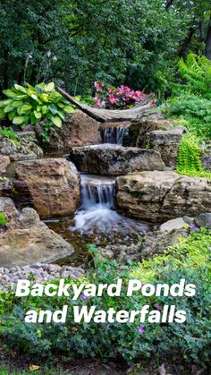 backyard pond and waterfalls with text overlay