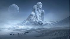 some people are standing in front of a mountain with ice on it and the moon behind them