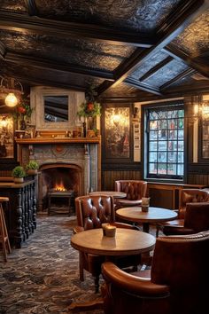 a restaurant with leather chairs and tables in front of a fire place on the wall