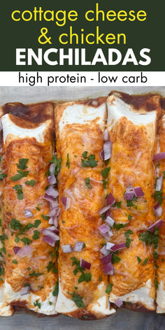 image of enchiladas topped with enchilada sauce, melted cheese, fresh cilantro and onoins.