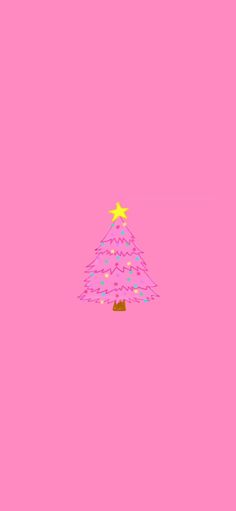 a pink background with a small christmas tree on the bottom and stars in the top