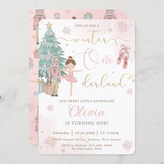 a pink and gold christmas party card with a ballerina in front of a tree