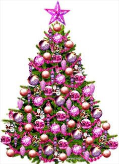 a pink christmas tree with ornaments on it and a star in the top right corner