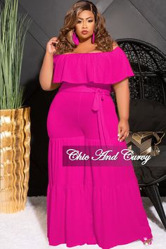 Polyester %: 96 Spandex %: 4 This is a jumpsuit- not a dress. Model is wearing - 1x Pink Plus Size Outfits, Glam Closet, 43rd Birthday, Plus Size Off The Shoulder, Off The Shoulder Jumpsuit, Jacket And Pants Set, Summer Pants Outfits, Chic And Curvy, Curvy Fashionista