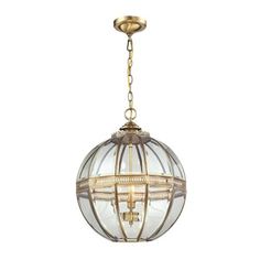 an antique brass finish hanging light fixture with clear glass globe shades and gold chain accents