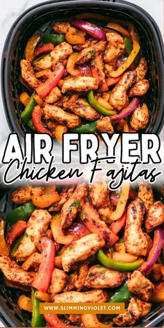 an air fryer with chicken and peppers in it