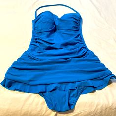 Nice One-Piece Swim Suit Shaped Bra Removable Strap Ruffle Detail Around Bottom Skirt Gathers To Flatter Figure New, Never Worn Feminine Fitted Blue Ruched Swimwear, Blue Fitted Ruched Swimwear, Elegant Lined Blue Swimwear, Elegant Blue Lined Swimwear, Blue Ruched Swimwear For Party, Swim Dresses, Pool Wear, Clothes Board, Fabulous Outfits