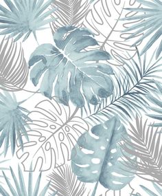 a blue and white wallpaper with tropical leaves on the back drop in shades of grey