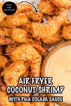 air fryer coconut shrimp with pina cola sauce on the side and text overlay that says air fryer coconut shrimp with pina cola sauce