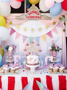 a carnival themed birthday party with cupcakes and cake