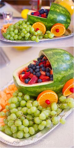 two pictures of watermelon, oranges and grapes with the words baby shower fruit tray