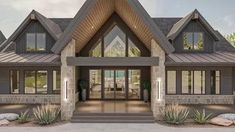 this is an artist's rendering of the front entrance to a house with stone and wood accents