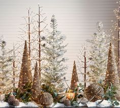 christmas trees and pine cones are arranged in front of a fireplace mantel with snow on the mantle