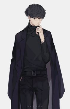 an anime character with black hair, wearing a suit and holding his hand to his chin