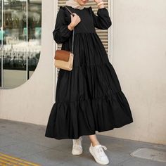 Olivia Mark - Vintage Casual Round Neck Solid Color Long Sleeve Maxi Dress Elegant Dresses Long Sleeve, Dress Drape, Flowy Design, Modest Dress, Crewneck Dress, Sleeve Maxi Dress, Vintage Casual, Long Sleeve Maxi, Muslim Women