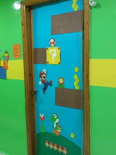 an image of a door decorated with mario bros stickers on the front and side