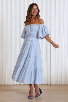 Details: Off the shoulder Short sleeves Tiered dress Midi dress FIT:Regular fit Non-Stretch through fabricStandard sizingCotton&PolyesterSize Available: Size Length Bust inch cm inch cm S 47.2 120 33 84 M 47.7 121 34.6 88 L 48 122 36.2 92 XL 48.4 123 37.8 96 Off Shoulder Midi Dress, Blue Desserts, Maxi Dress Blue, Romper With Skirt, Tiered Dress, Dress Blue, Puff Sleeves, Puff Sleeve, Stretch Fabric