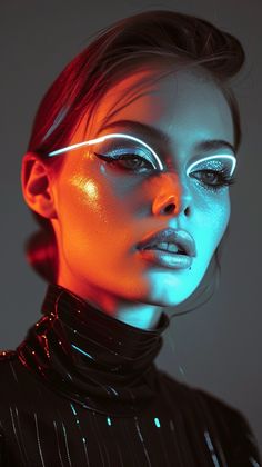 a woman with bright makeup and neon lights on her face