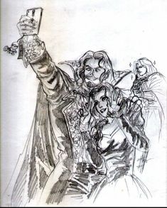 a drawing of two people holding up a cell phone