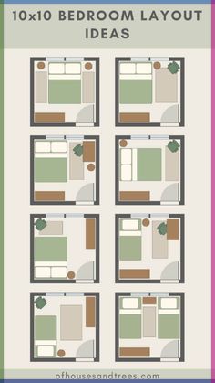 the 10x10 bedroom layout is shown in four different colors and sizes, including one with