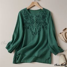 Olivia Mark - Elegant and Stylish Embroidered Loose Linen Shirt for a Retro and Artistic Look Green Long Sleeve Embroidered Top, Green Long Sleeve Top With Intricate Embroidery, Green Long Sleeve Embroidered Cotton Top, Traditional Green Embroidered Shirt, Green Long Sleeve Folk Top, Tunic Top Designs, Loose Linen Shirt, Cotton Tops Designs, Simple Dress Casual