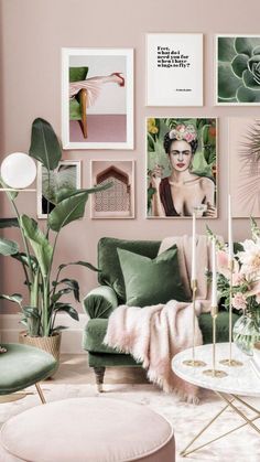 a living room filled with lots of green furniture and pictures on the wall above it