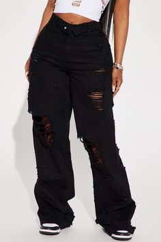 Available In White And Black. Straight Leg Jean Fold Over Waistband 5 Pocket Ripped Baggy Fit 34" Inseam Disclaimer: Due To The Specialized Wash & Distressing Process, Each Garment Is Unique. Non Stretch, 100% Cotton Imported | Summer Fling Destroyed Foldover Baggy Jean in Black size 5 by Fashion Nova Black Baggie Jeans, Black Baggy Jeans Outfit, Baggie Jeans, Ripped Short Jeans, Baggy Ripped Jeans, Baggy Clothing, Black Baggy Jeans, Big Jeans, Baggy Fit Jeans