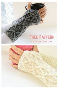 two pictures showing different types of knitted arm warmers with text overlay that reads free pattern