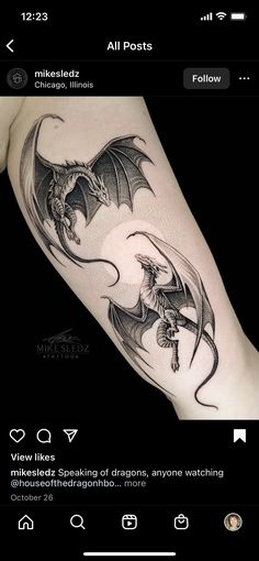 a black and white photo of a dragon tattoo on someone's left arm with text below it