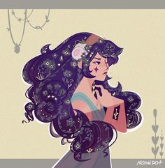 an illustration of a woman with long hair and flowers in her hair, wearing a purple dress