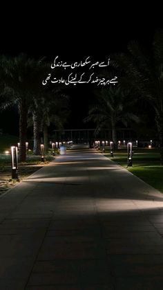 an image of a street at night with the words in english and arabic on it