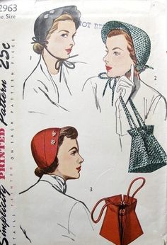 Simplicity 2963 Drawstring Bag Pattern, 1950s Hat, 1940s Hats, Drawstring Purse, Fabric Sewing Patterns, Halloween Bows, Brimmed Hat, Millinery Hats, Retro Mode