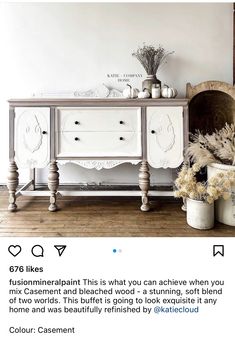 an old dresser is painted white and decorated with flowers