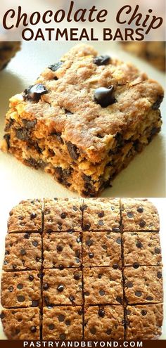 Collage for oatmeal chocolate chip bars. Chocolate Chips Bars, Oatmeal Chocolate Chips, Oatmeal Chocolate Chip Cookie Bars, Oatmeal Chocolate Chip Bars, Oatmeal Chocolate Chip Cookie Recipe, Oatmeal Cookie Bars, No Bake Oatmeal Bars, Oatmeal Breakfast Bars, Chocolate Chip Bars