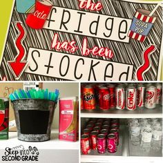 collage of various sodas, cans and buckets on shelves in a store