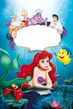 the little mermaid is sitting under an empty sign with other characters around her, as well as flounds and fish