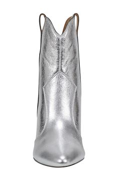 A curved topline and side pull-tabs underscore the Western inspiration behind this rich leather bootie elevated by a cone heel. 3 1/2" heel (size 8.5) 5" shaft Leather upper/synthetic lining and sole Imported Snip Toe Heeled Boots With Stacked Heel For Party, Party Heeled Boots With Stacked Heel And Snip Toe, Silver Ankle Boots With Reinforced Heel, Silver Leather Heeled Boots For Fall, Silver Leather Heeled Boots For Spring, Silver Ankle Boot Heeled Boots For Fall, Snip Toe Boots With Stacked Heel For Party, Silver Ankle Heeled Boots For Fall, Party Boots With Stacked Heel And Snip Toe