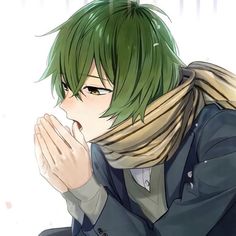 an anime character with green hair wearing a suit and scarf