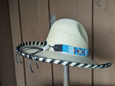 The Renegade Gus Palm Hat has a 4" brim and 5 1/2" crown. Super comfortable with a sweat band on the inside. Hand laced in black leather lace. Beautiful blue beaded hatband is secured on the hat and the back of the band has a deer antler bead. Accented with a Concho and Guinea feathers. Note: Hats are made to order. Please allow up to 4 weeks for your hat to ship Antler Beads, Hat Holder, Sweat Band, Cloth Tape, Sweat Stains, A Deer, Deer Antler, Deer Antlers, Felt Hat