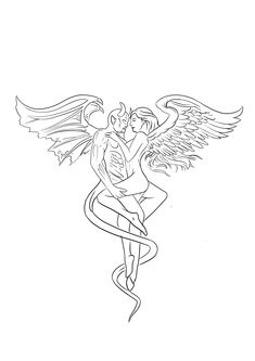 a drawing of two people hugging each other with wings on their shoulders and arms around them