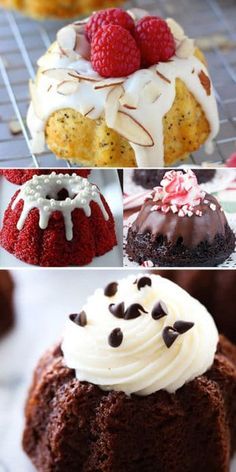 four different types of cakes on a cooling rack with chocolate and raspberry toppings