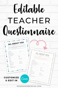 the printable editable teacher questionnaire is on display in front of a white brick wall