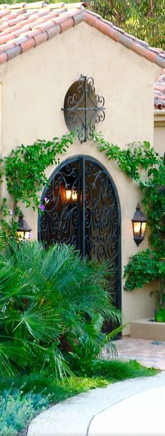 a house with an iron gate and green plants