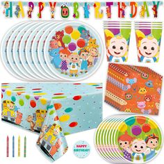 birthday party supplies including plates, napkins and cups for children's birthday celebrations