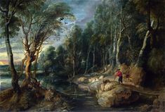 a painting of a man standing in the middle of a forest next to a river